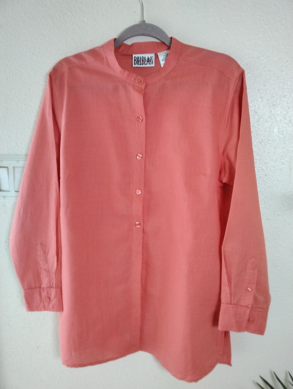 BILL BLASS Linen Cotton Coral Button-Front Mandarin Collar Tunic Shirt Sz L-Y2K